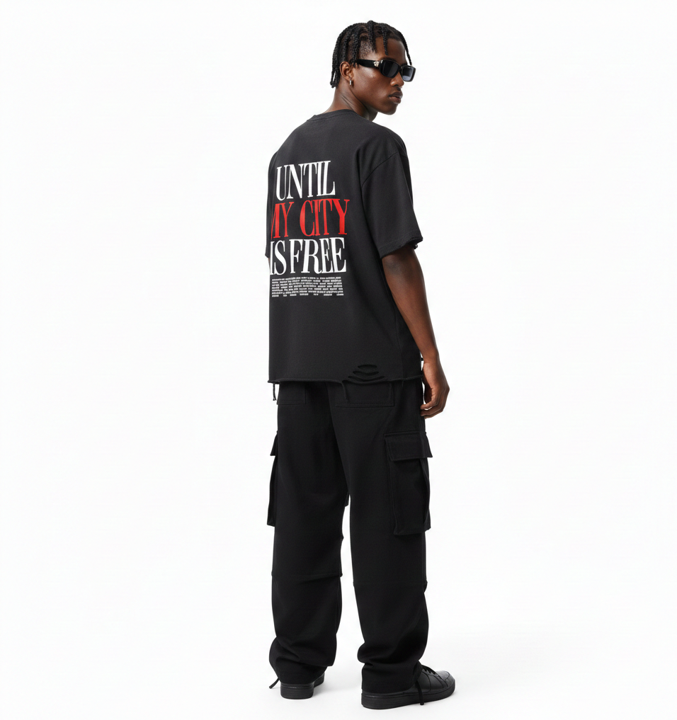 Person wearing a black t-shirt with text and cargo pants on a white background
