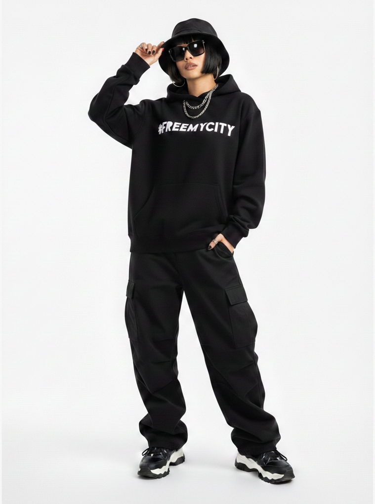 Model wearing a black hoodie with 'FREEMYCITY' text on a white background