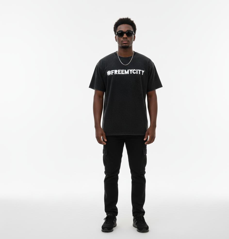 Model wearing a black t-shirt with '#FREEMYCITY' text on a white background