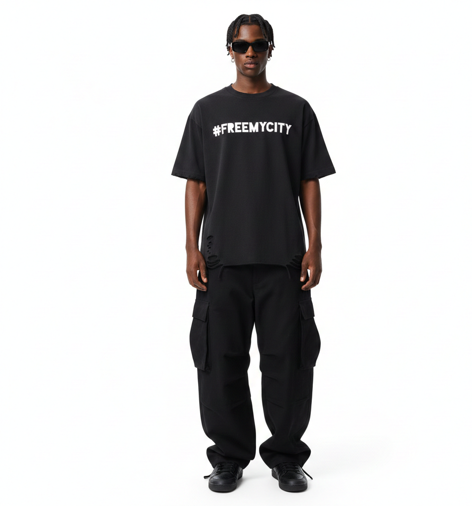 Person wearing a black t-shirt with '#FREEMYCITY' text on a white background